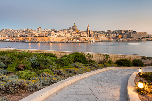 Cityscape of Valletta illuminated at twilight, Malta, Europe