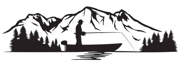 Vector illustration of Fisherman in a boat and mountain landscape