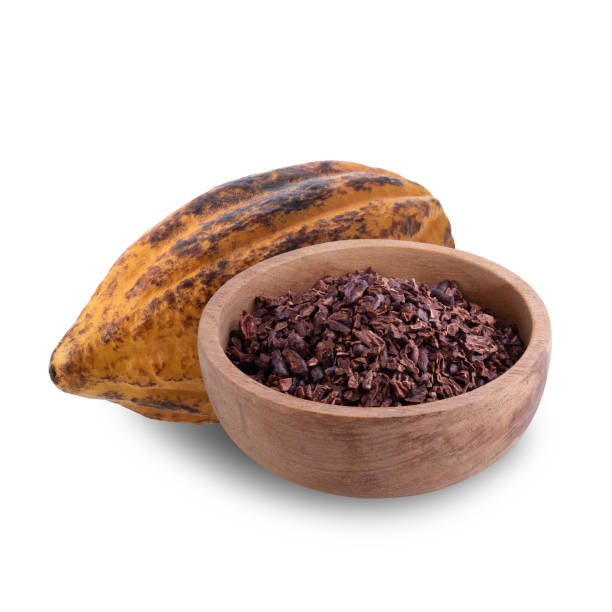 las puntas de cacao son un pedazo de granos de cacao rotos en un recipiente de madera y vaina de cacao aislada sobre fondo blanco - plumín fotografías e imágenes de stock