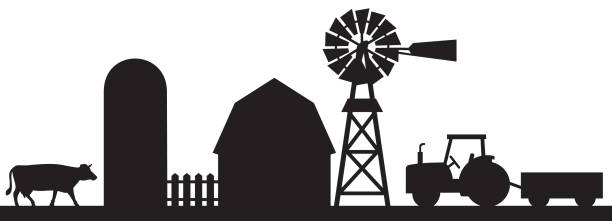 Farm landscape silhouette Farm landscape silhouette (barn, silo, tractor, wagon, water pumping windmill, cow, wooden fence). farm silhouettes stock illustrations