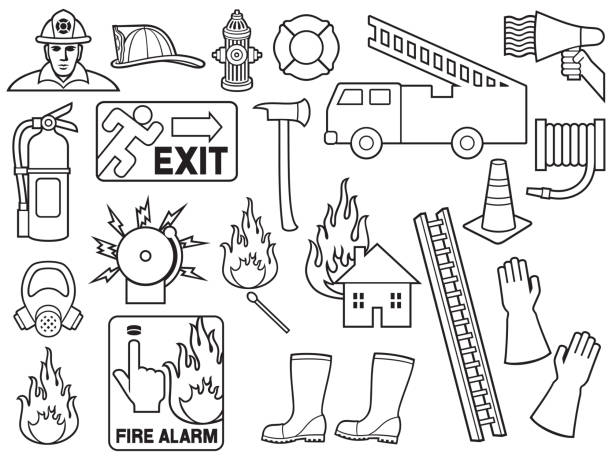 ilustrações de stock, clip art, desenhos animados e ícones de firefighters thin line icons - office tool flash