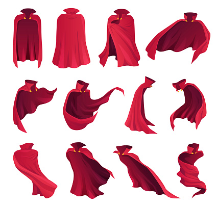 Collection superhero red cape vector flat illustration. Set apparel fairy character in different position, front back and side view isolated. Mantle costume, magic cover, cloak satin flowing clothes