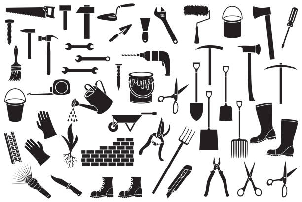 illustrations, cliparts, dessins animés et icônes de ensemble d’icônes d’outils de jardin - outils