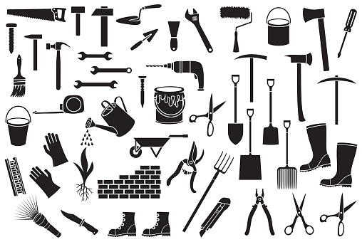 Garden tools icons set - black silhouettes (ax, pick, hammer, shovel, rake, scissors, nail, wrench, paint roller, shears, wheelbarrow, trowel, watering can, brick wall)