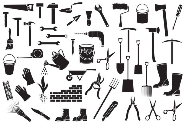 Garden tools icons set Garden tools icons set - black silhouettes (ax, pick, hammer, shovel, rake, scissors, nail, wrench, paint roller, shears, wheelbarrow, trowel, watering can, brick wall) gardening silhouettes stock illustrations