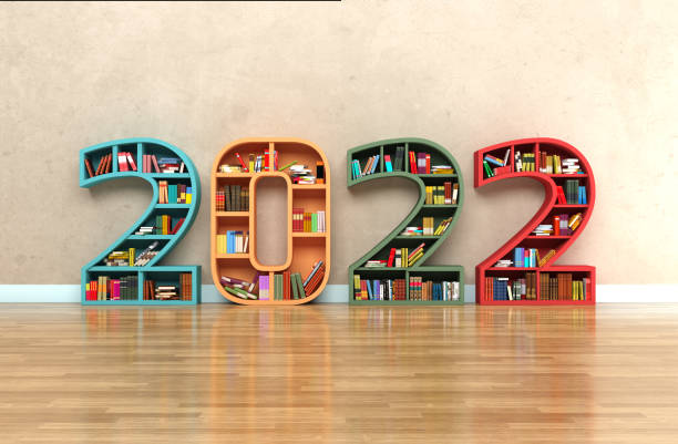 New Year 2022 Creative Design Concept with Books Shelf stock photo