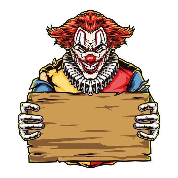 illustrations, cliparts, dessins animés et icônes de halloween clown effrayant avec planche de bois - clown evil horror spooky