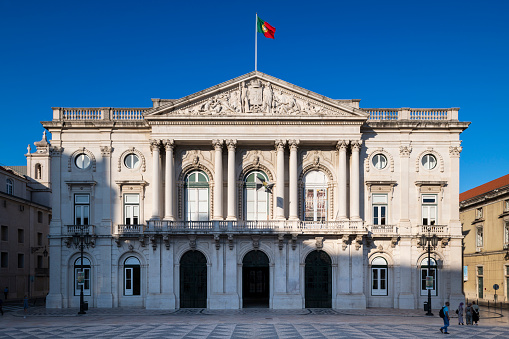 Lisbon, Portugal - July 16, 2021: View of the Municipal Square (Praca do Municipio) with the city hall building, in Lisbon, Portugal