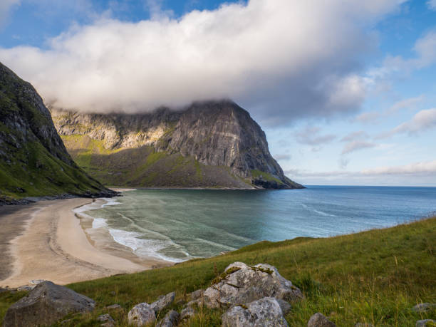 Lofoten, View for  Kvalvika Beach, Norway Lofoten, View for  Kvalvika Beach, Norway. Europe shiretoko mountains stock pictures, royalty-free photos & images