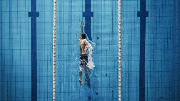 aerial top view nadador masculino nadando en piscina. entrenamiento de atletas profesionales para el campeonato, utilizando front crawl, técnica de estilo libre. top view shot - natación fotografías e imágenes de stock
