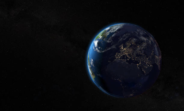 istock Earth planet with city lights in the dark side 1332861909