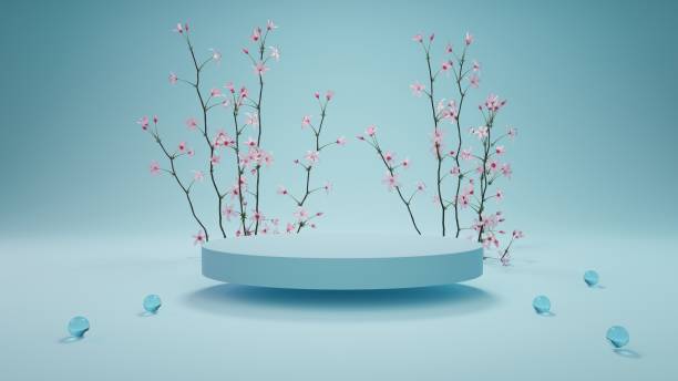 istock 3D rendering flower background Blue color with geometric shape podium for product display, minimal concept, Premium illustration pastel floral elements, beauty, cosmetic. 1332863763