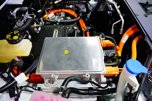 Electric engine in car during open cover Vehicle Hood, for service