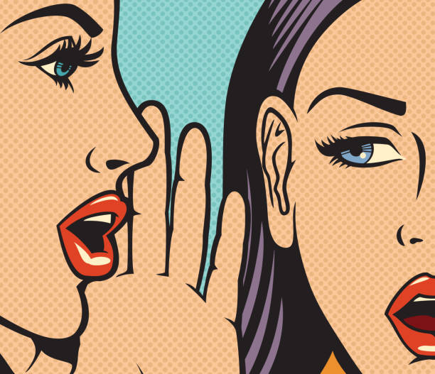 Pop art woman lips whispering in ear Vector illustration of beautiful woman whispering secret to her friend funny ear stock illustrations