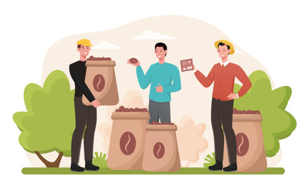 ilustrações, clipart, desenhos animados e ícones de agricultor fornece grãos de café para cafeteira - coffee bag sack bean