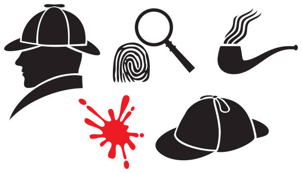 Sherlock Holmes icons Sherlock Holmes icons (hat, magnifier, blood, fingerprint, pipe) sherlock holmes icon stock illustrations