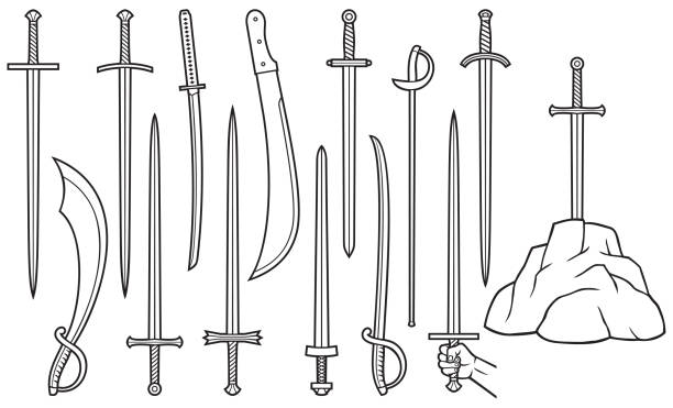 Swords vector collection Thin line swords icons set (saber, machete, katana, Excalibur in the stone) excalibur stock illustrations