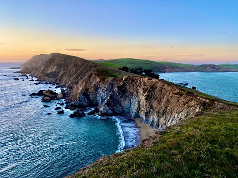Photo of Point Reyes National Seashore from Chimney Rock trail at sunset in the winter of 2021.
