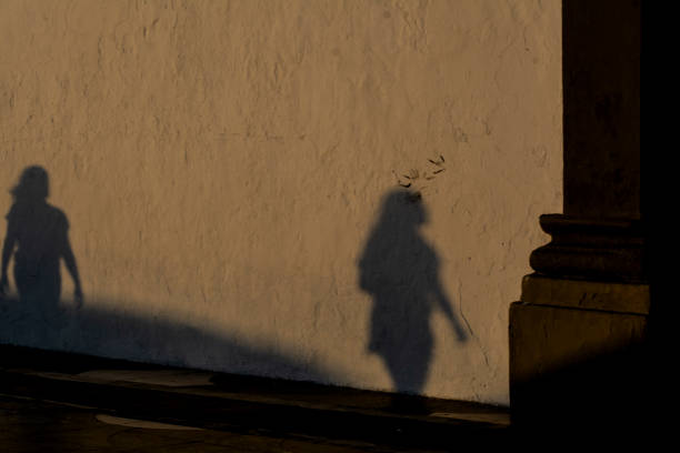 istock Shadow of people projected on the wall in the sunset light. 1332871572
