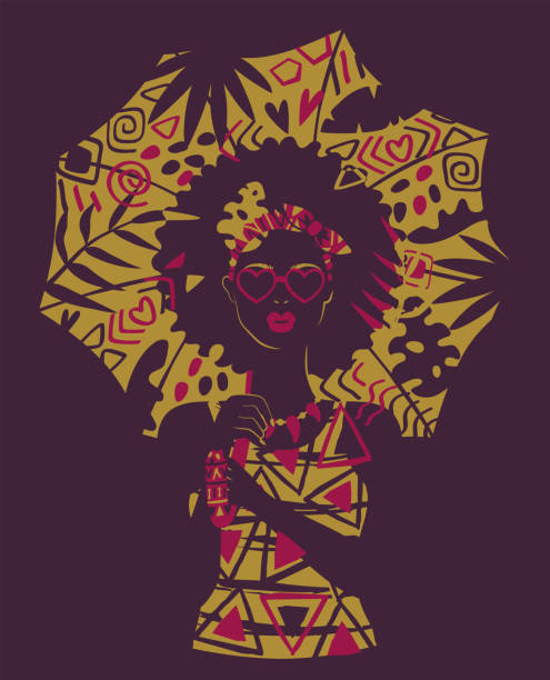 afroamerikanerin in sonnenbrille unter sonnenschirm verziert tropisches stammesmuster. ausschneiden der stilillustration - women human hair african descent black stock-grafiken, -clipart, -cartoons und -symbole