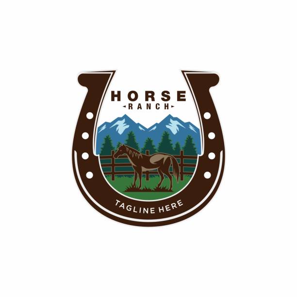 horse farm template icon design mit westlicher landschaftsansicht, hufeisen icon design - horseshoe stock-grafiken, -clipart, -cartoons und -symbole