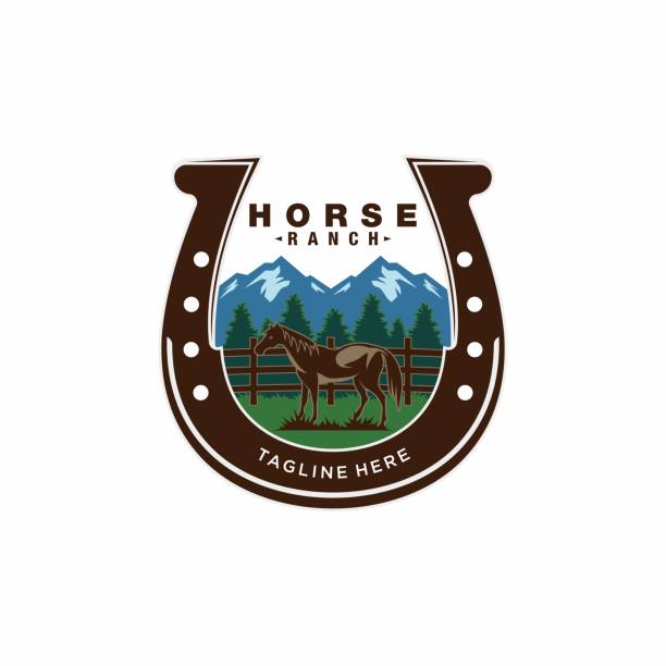 ilustrações de stock, clip art, desenhos animados e ícones de horse farm template icon design with western countryside view, horseshoe icon design - horseshoe