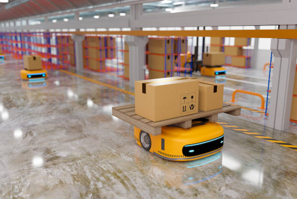 istock automated guided vehicle working in warehouse, transfering robot system with logistic business concept 1332887472