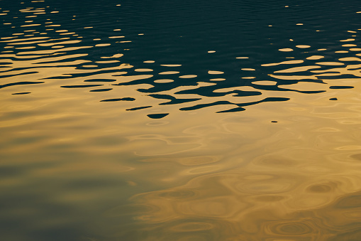 Abstract background water surface reflecting the sun. Wallpaper with waves form ripples on the river or lake.