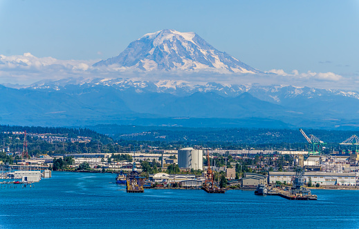 Mount Rainier towers over the Port of Tacoma.