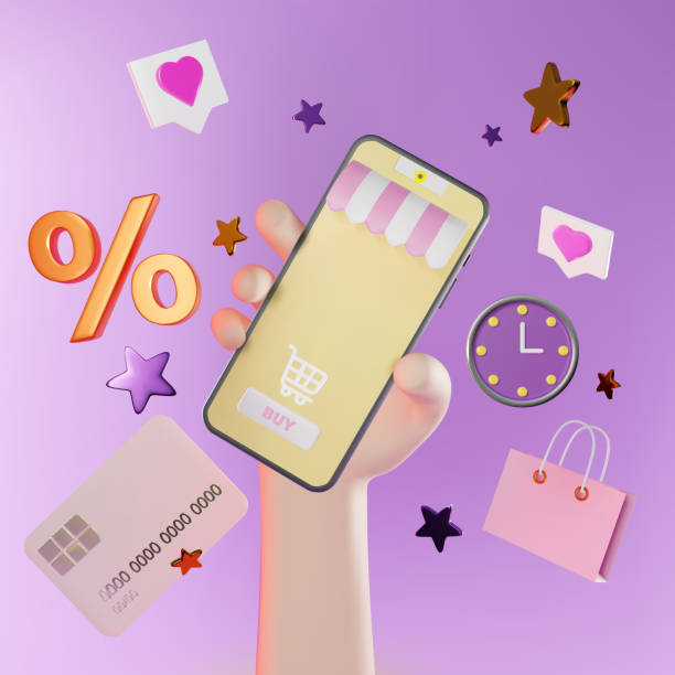 Realistic Detailed 3d Hand Holding Mobile Smart Phone with Shopp App. Vector Realistic Detailed 3d Hand Holding Mobile Smart Phone with Shopp App Include of Credit Card and Paper Bag. Vector illustration e commerce paying buying sale stock illustrations