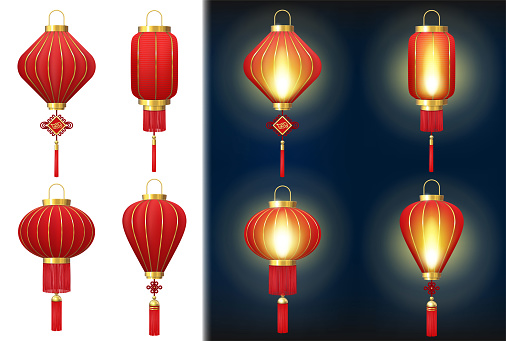Realistic Detailed 3d Red Chinese Lanterns Set Oriental Festival Concept. Vector illustration of Hanging Traditional Paper Lantern on a Black and White