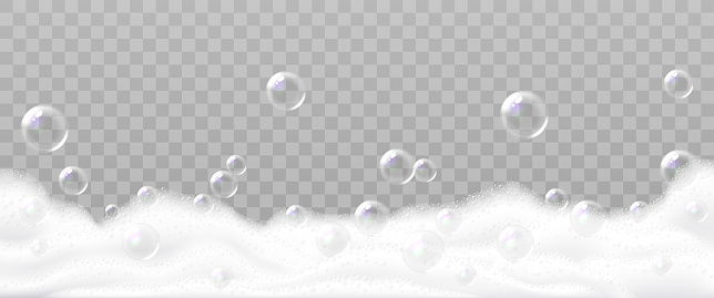 Realistic Detailed 3d White Foam Bubbles Effect on a Transparent Background . Vector illustration of Froth Texture