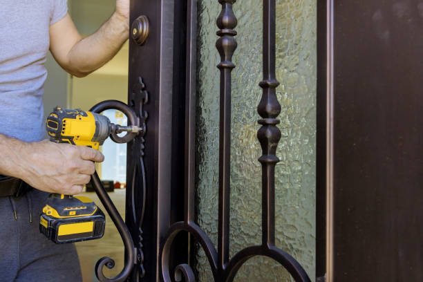 istock Carpenter installation at interior wood door lock 1332893345