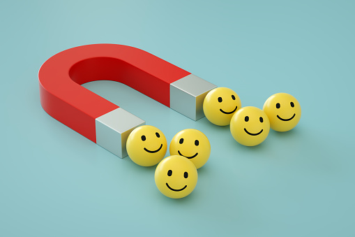 3D Rendering of Magnet. Social Media Marketing, Emoji with Smiley Face.