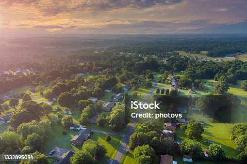 istock Aerial view a small sleeping area roofs of houses the village landscape in Boiling Springs South Carolina USA 1332895094