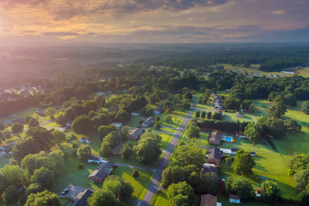 Aerial view a small sleeping area roofs of houses the village landscape in Boiling Springs South Carolina USA Aerial view a small village the sleeping area roofs of houses landscape in Boiling Springs South Carolina USA rural main street stock pictures, royalty-free photos & images