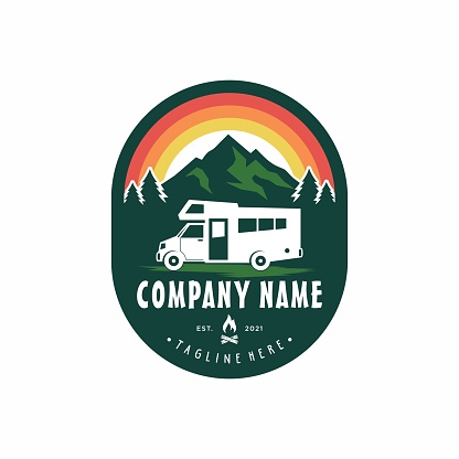 Camper van or recreational vehicle (RV) adventure car icon template, travel and leisure vector design.