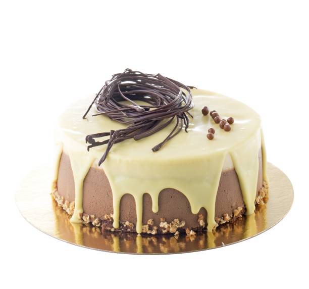 Chocolate cake with chocolate decor on white background.