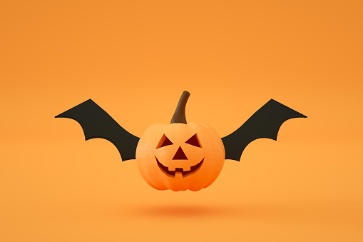 3d rendering of Pumpkin with Bat Wing, Orange color background. Halloween.