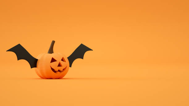 istock Halloween, Pumpkin with Bat Wing, Orange color background. 1332897612
