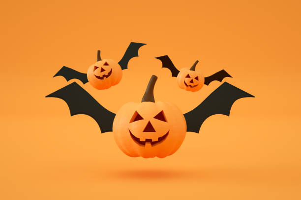 istock Halloween, Pumpkin with Bat Wing, Orange color background. 1332897668