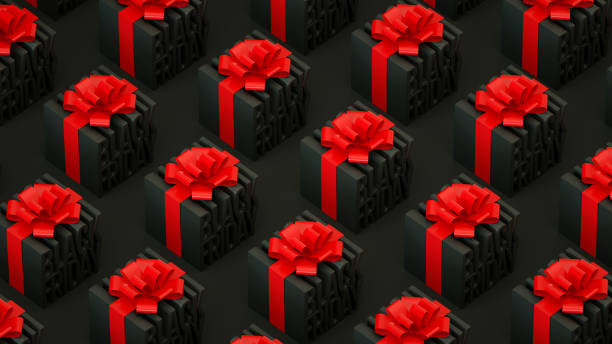 istock Black Friday Background, Black Gift Boxes, Red Ribbon 1332900236