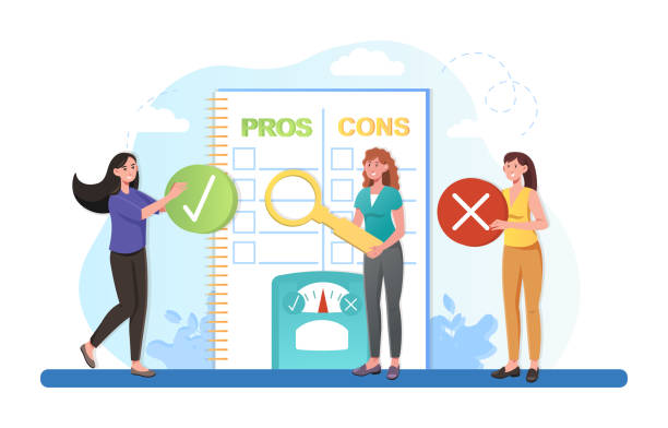 ilustrações de stock, clip art, desenhos animados e ícones de pros and cons comparison, decision making process - aspirations choice choosing women