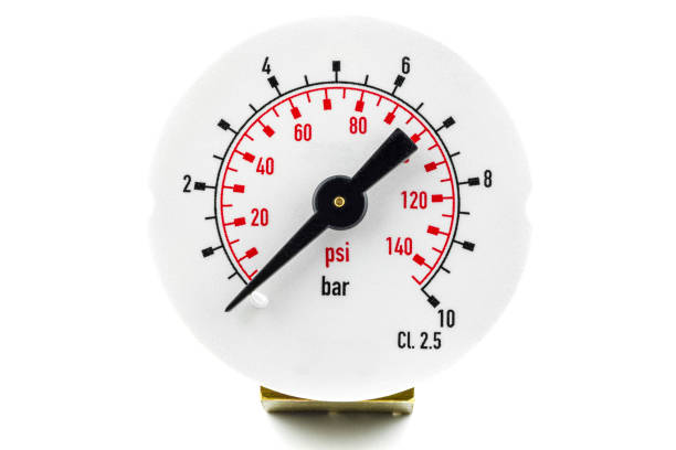 A macro photo of a pressure gauge scale to 10 BAR showing a pressure of 0 PSI BAR, isolated on a white background. A macro photo of a pressure gauge scale to 10 BAR showing a pressure of 0 PSI BAR, isolated on a white background. psi stock pictures, royalty-free photos & images