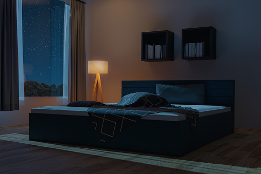 3d rendering of spacious bedroom with unmade and rumpled bed at night