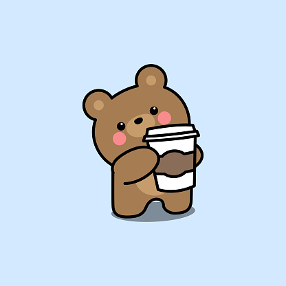Cute bear with coffee cup cartoon, vector illustration