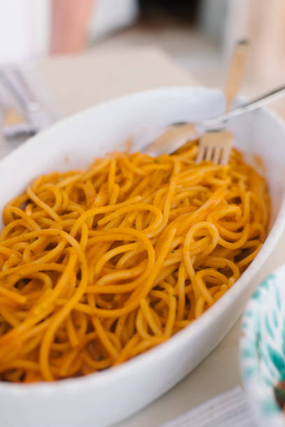 View of a dish of homemade spaghetti marinara