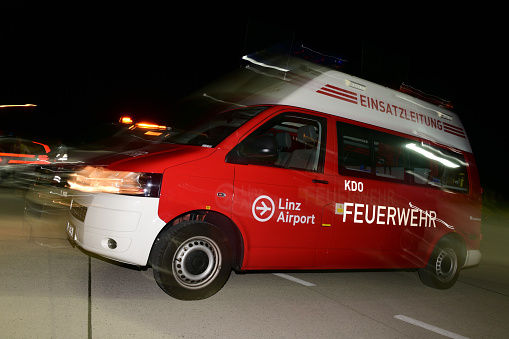 Fire brigade operations management at Linz Airport at night, Upper Austria, Austria, Europe