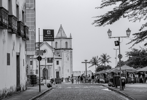 Olinda, Pernambuco, Brazil - August 04, 2021:People strolling in Alto da Sé, the main tourist place from Olinda city.