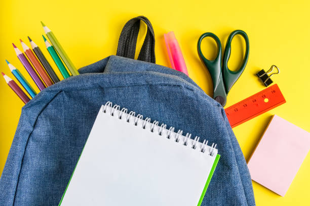 istock School backpack with office supplies on  yellow background. Place for text. 1332915038